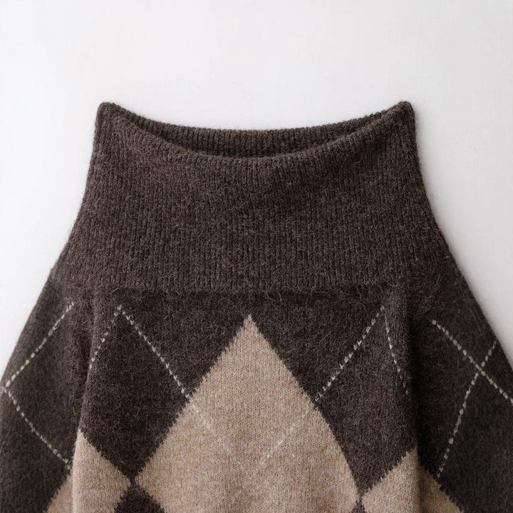 Damen 40+ weicher Mohair‑Mix Pullover mit weitem Rollkragen und Argyle‑Muster Drune