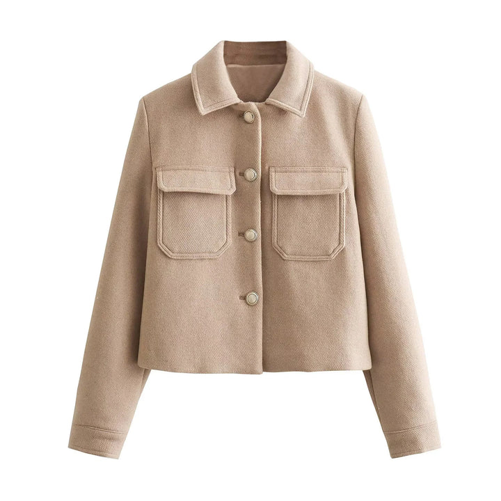 Damen nan kurze Wolloptik-Boxyjacke mit aufgesetzten Pattentaschen und klassischem Kragen Drune