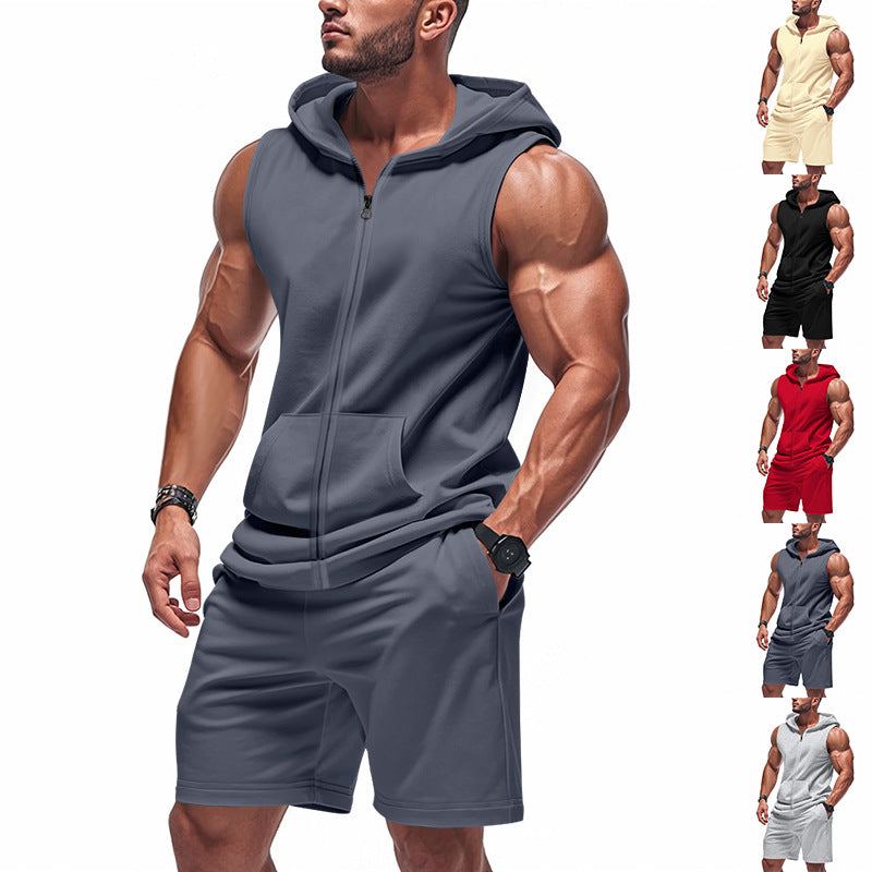 Herren nan sportliches Kapuzen-Set mit ärmelloser Sweatjacke, durchgehendem Reißverschluss und Trainingsshorts Drune