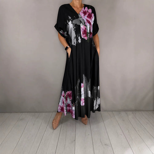 Damen Maxikleid mit weitem Fall, V-Ausschnitt, Eingrifftaschen und floraler Aquarelloptik Drune