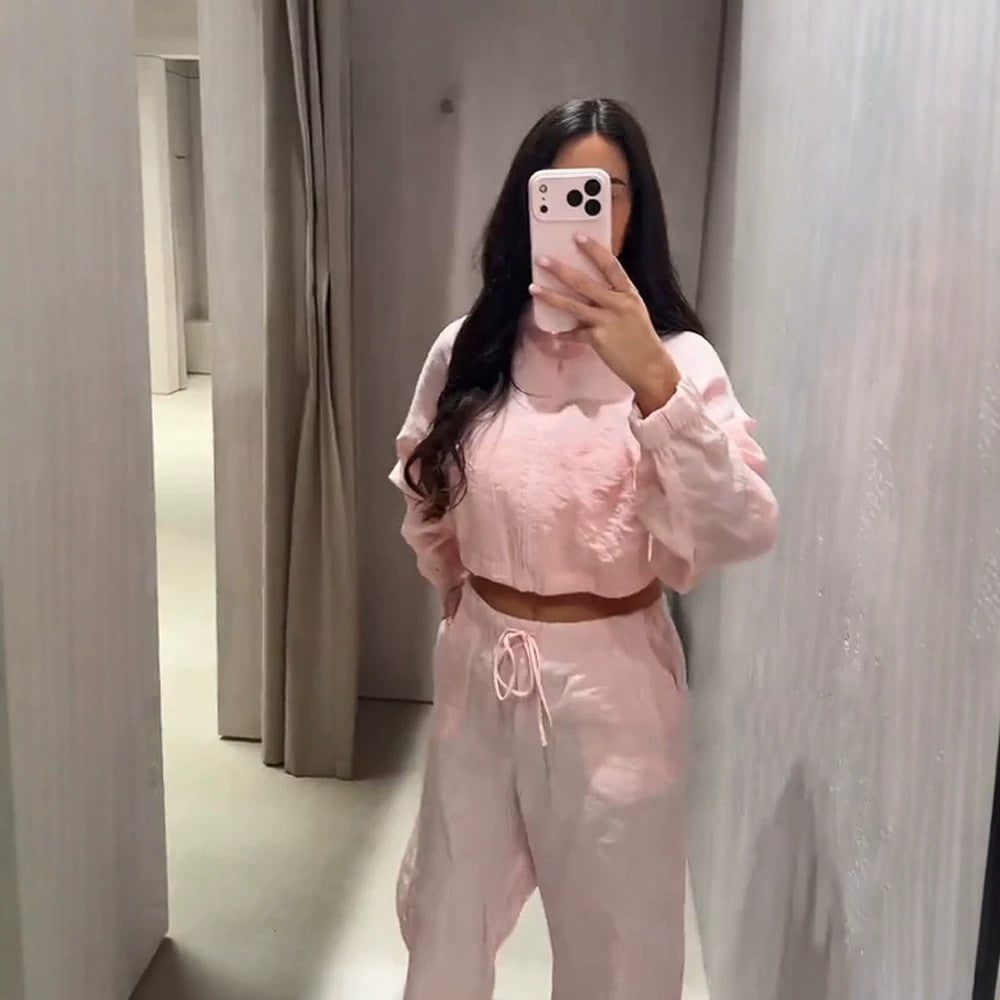Damen Lässiges Satin-Trackset mit kurzem Reißverschluss-Top & weitem Tunnelzug-Hose Drune