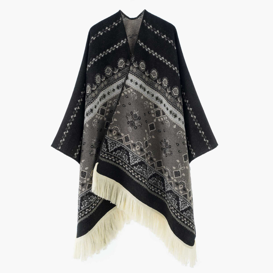 Damen Gewebter Ethno-Poncho mit Fransen und Jacquardmuster Drune