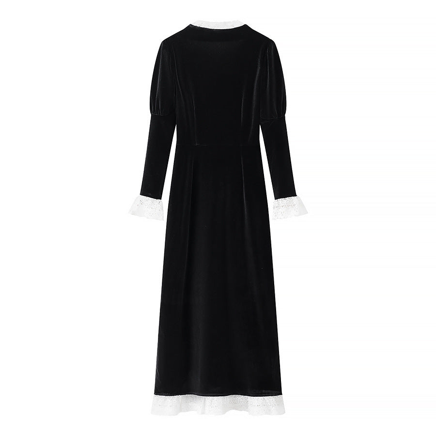 Damen Maxikleid aus Samt mit quadratischem Ausschnitt, Puffärmeln und Spitzenbesatz Drune