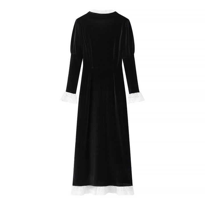 Damen Maxikleid aus Samt mit quadratischem Ausschnitt, Puffärmeln und Spitzenbesatz Drune