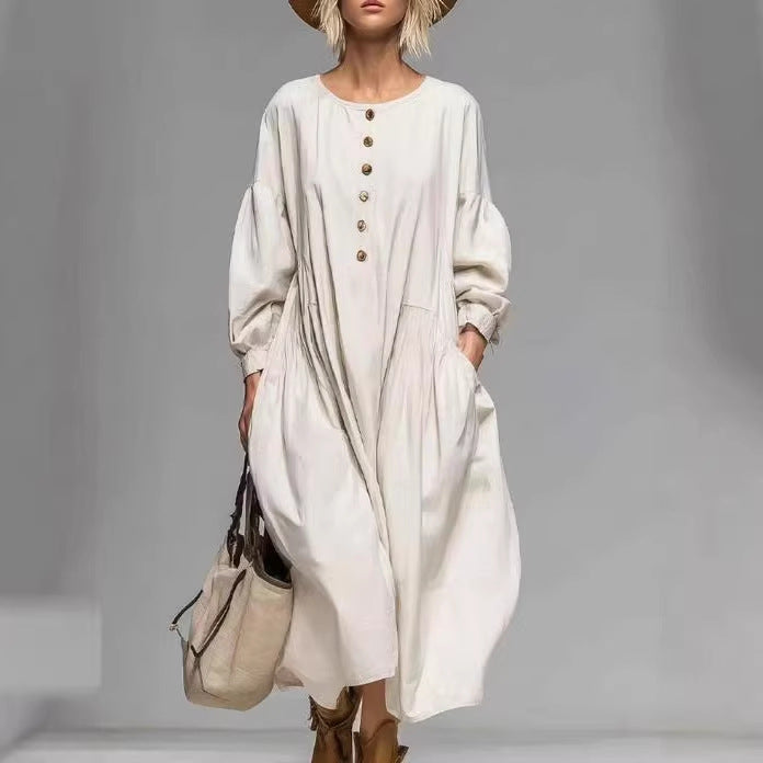 Damen Lässiges Midi-Kleid mit Knopfleiste, Ballonärmeln und Eingrifftaschen Drune