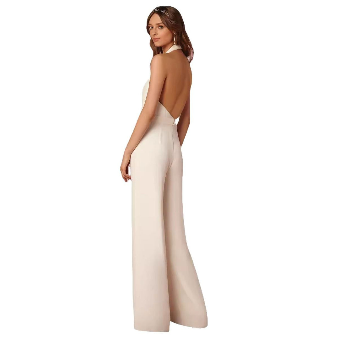 Damen schulterfreier Jumpsuit mit elegantem Rückenausschnitt und weitem Bein Drune