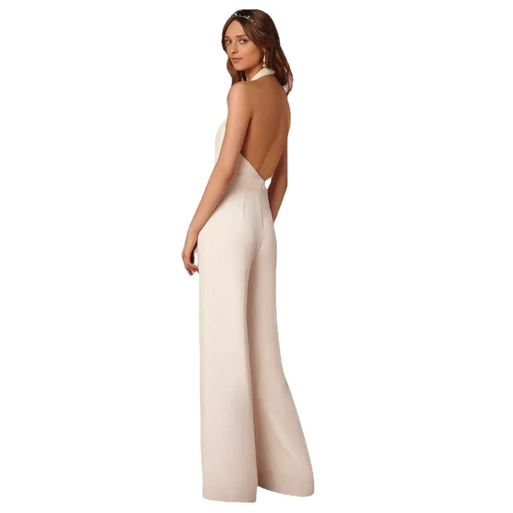 Damen schulterfreier Jumpsuit mit elegantem Rückenausschnitt und weitem Bein Drune