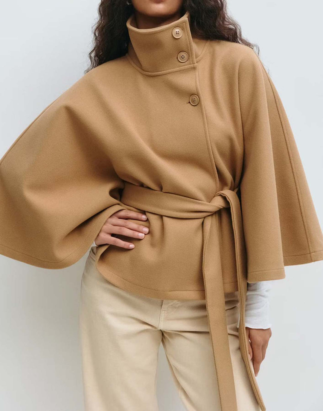 Damen Kurzcape-Mantel mit Stehkragen, Oversize-Ärmeln und Bindegürtel Drune