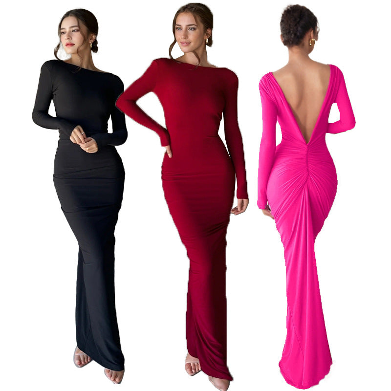 Damen Maxikleid mit tiefem V-Ausschnitt und voluminösen Raffungen Drune