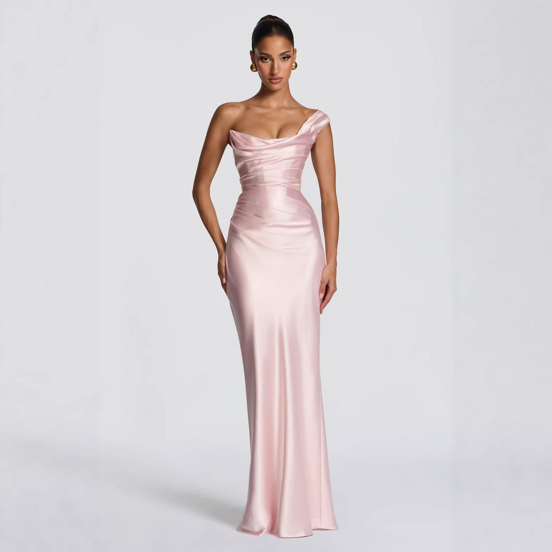 Damen Elegantes Satin Lang Abendkleid mit asymmetrischem Schnitt und figurschmeichelndem Design Drune
