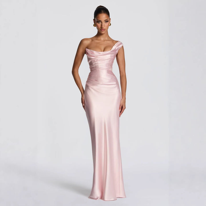 Damen Elegantes Satin Lang Abendkleid mit asymmetrischem Schnitt und figurschmeichelndem Design Drune