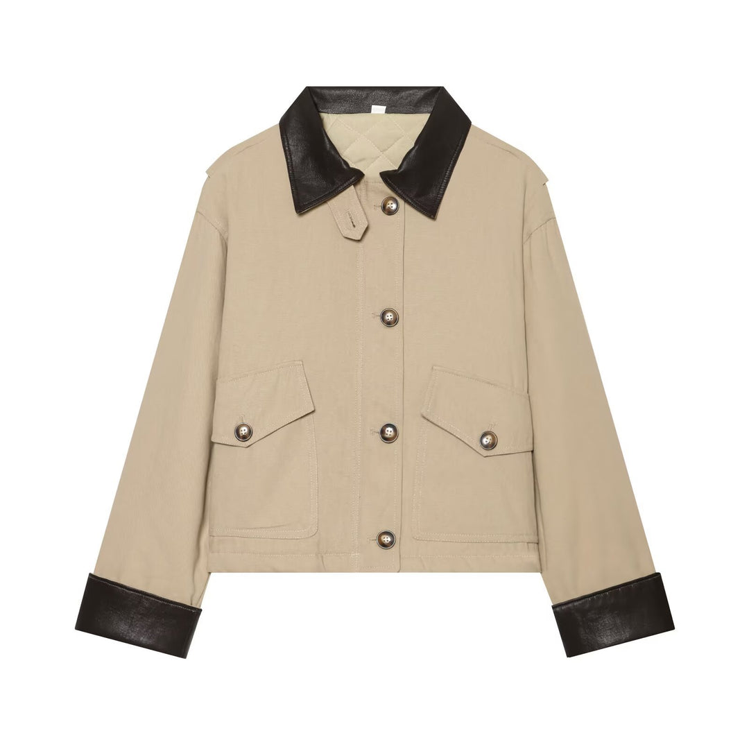 Damen Kurzjacke mit kontrastiertem Lederkragen und Umschlagärmeln Drune