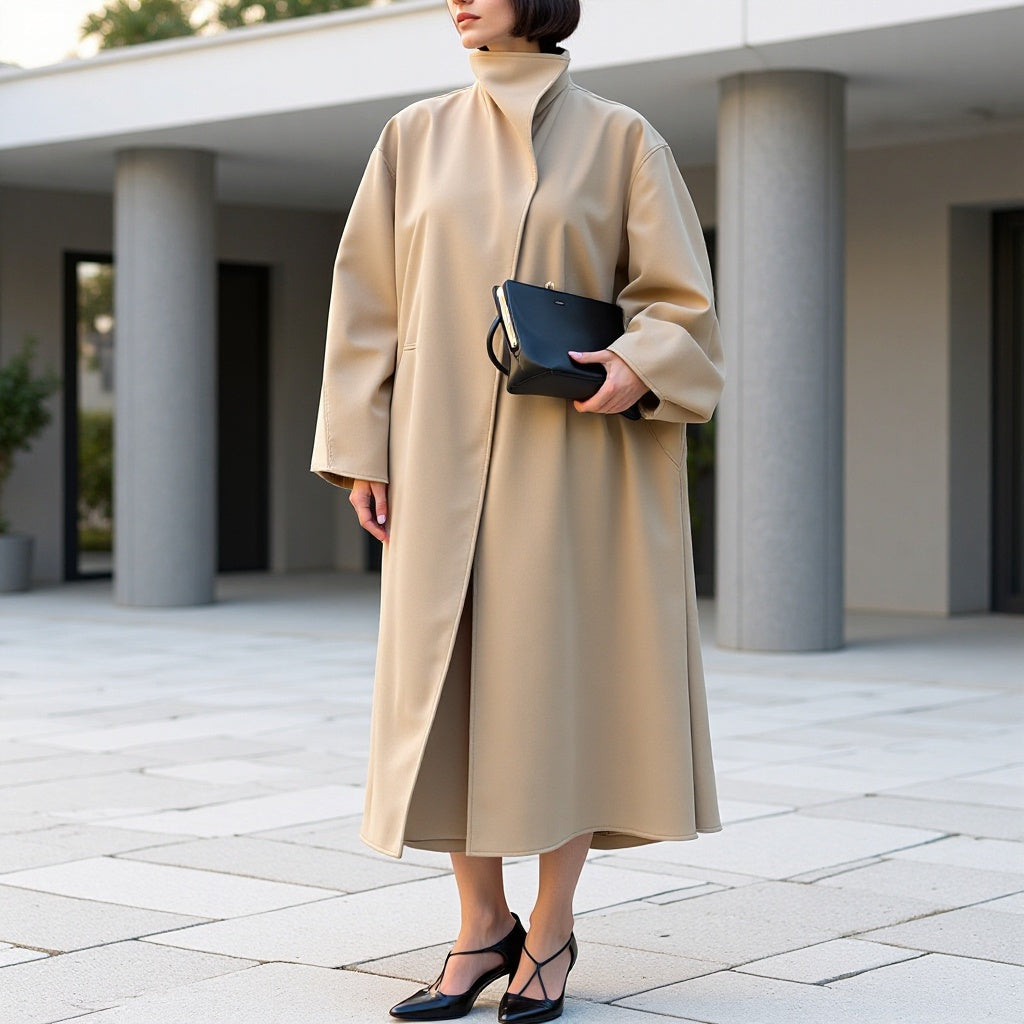 Damen Mantel im minimalistischen Midi‑Schnitt mit Stehkragen und verdeckter Knopfleiste Drune