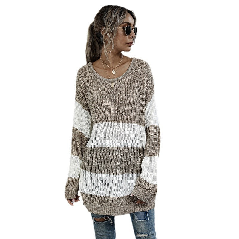 Damen Langer Oversize-Strickpullover mit breiten Blockstreifen und überschnittener Schulter Drune