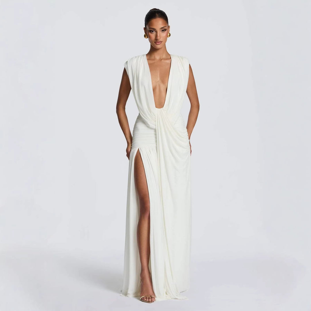 Damen Elegantes Wickelkleid mit tiefem V-Ausschnitt und gerafftem Rock Drune