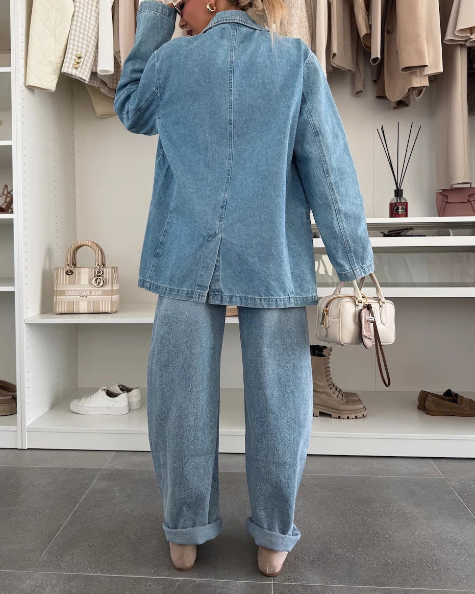 Drune | Lockere Gewaschene Blaue Denim Anzugjacke