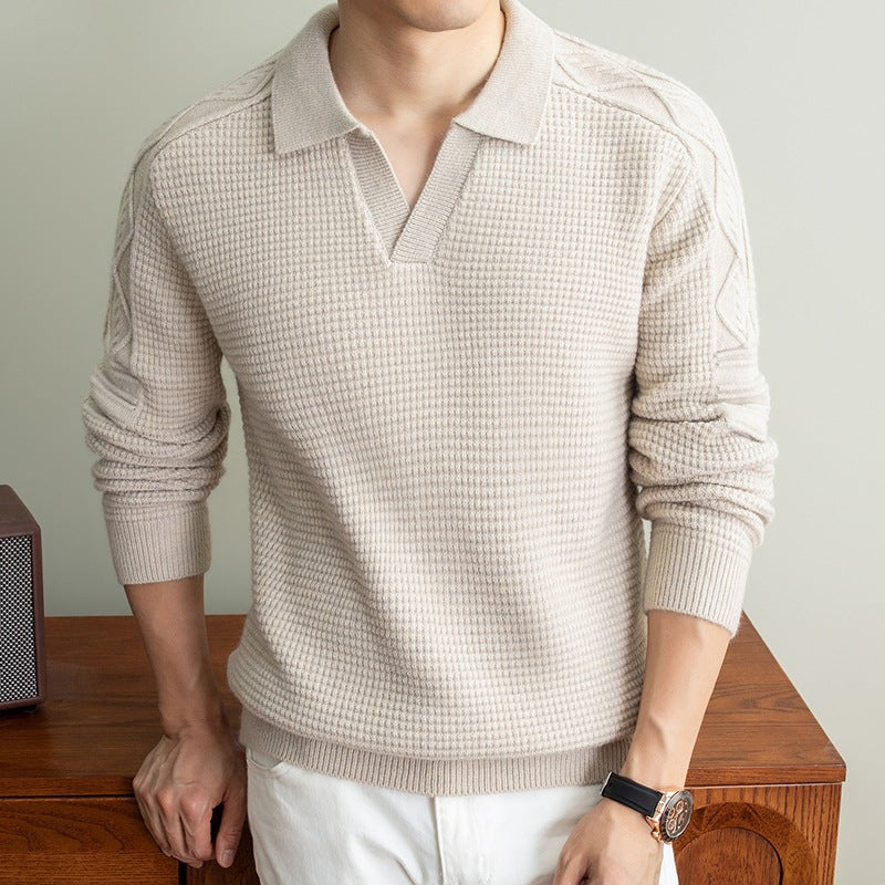 Herren Polo-Pullover mit strukturiertem Waffelstrick und Zopfmuster-Ärmeln Drune