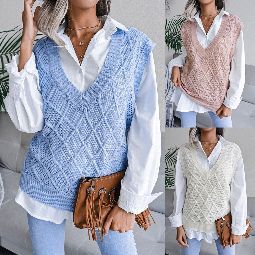 Damen Strickweste mit V-Ausschnitt und karoartigem Muster Drune
