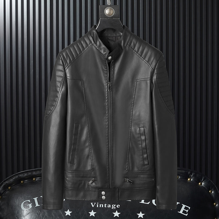 Herren Kunstleder-Moto-Blouson mit gesteppter Schulterpartie, Stehkragen und Reißverschluss Drune