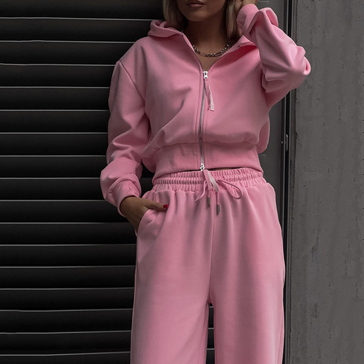 Damen Zweiteiliges Loungewear-Set mit kurzem Zip-Bomber und weiter High-Waist-Palazzohose Drune