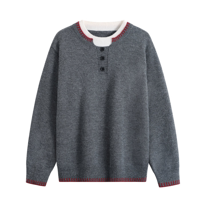 Unisex Feinstrick-Henley-Pullover mit kontrastreichem Rippkragen & Dreiknopfleiste Drune