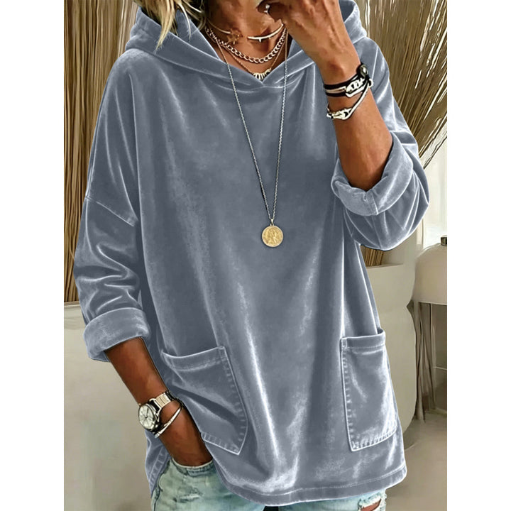 Damen Samt-Hoodie mit Kapuze, Oversize-Schnitt und aufgesetzten Taschen Drune