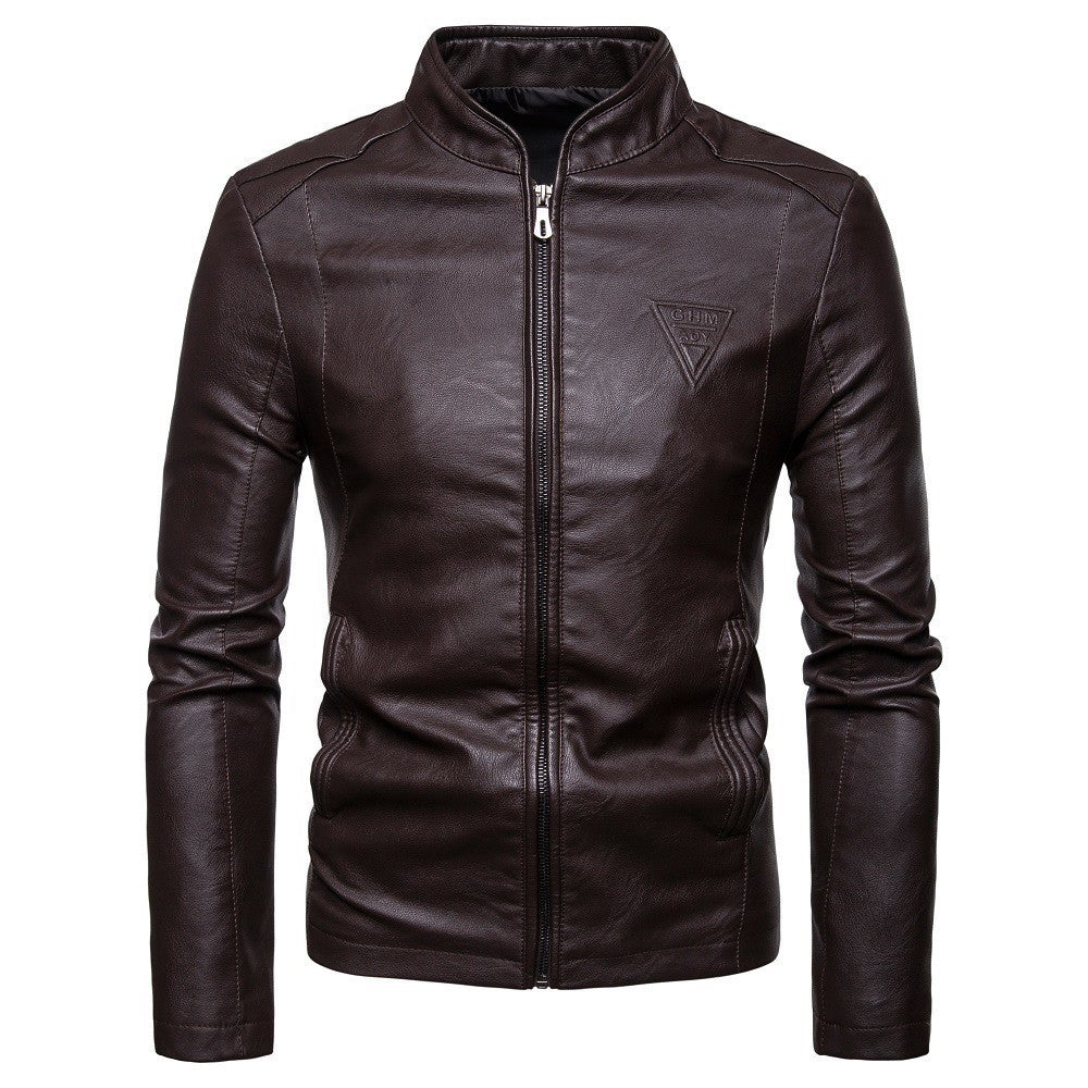 Herren Slim-Fit Kunstlederjacke im Bikerstil mit Stehkragen und Frontreißverschluss Drune