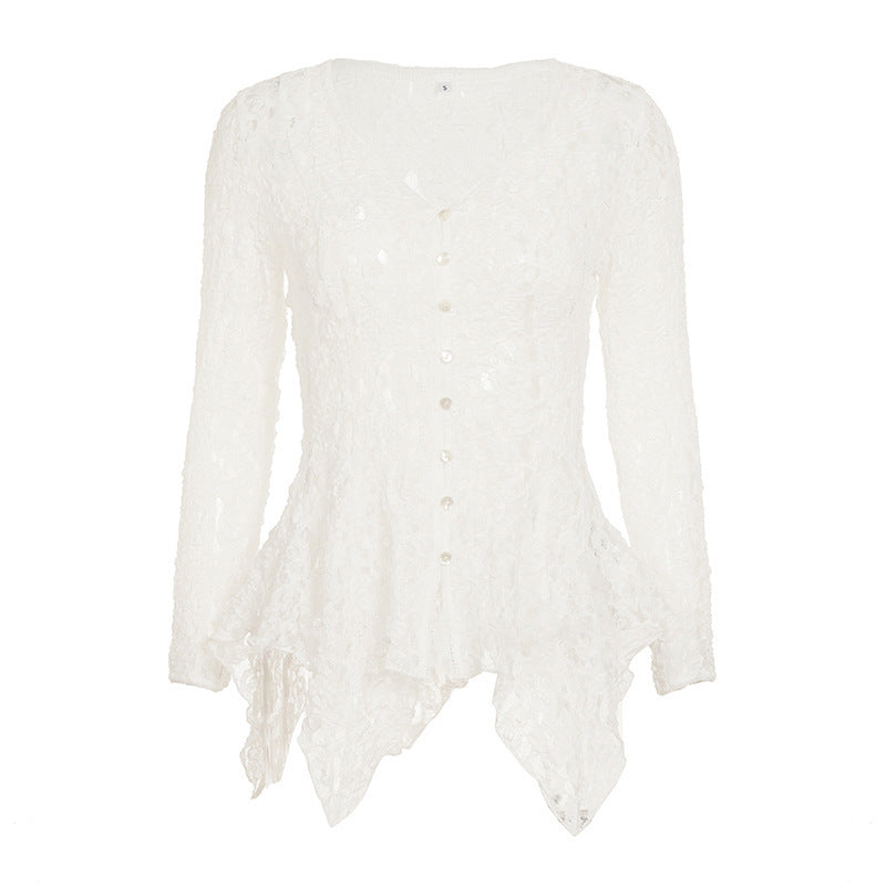 Damen Rüschenbluse aus feiner Spitze mit Knopfdetails Drune