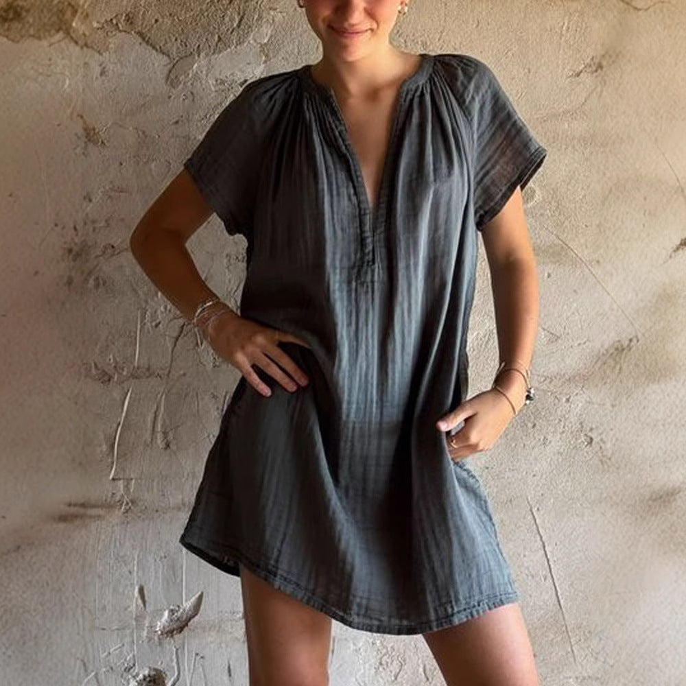 Damen lässiges Tunika-Kleid mit tiefem V-Ausschnitt und Raffung Drune
