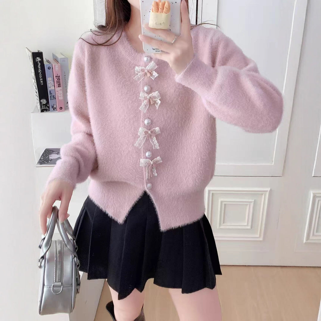 Damen Flauschige Strickjacke mit Perlen und Rüschendetails Drune