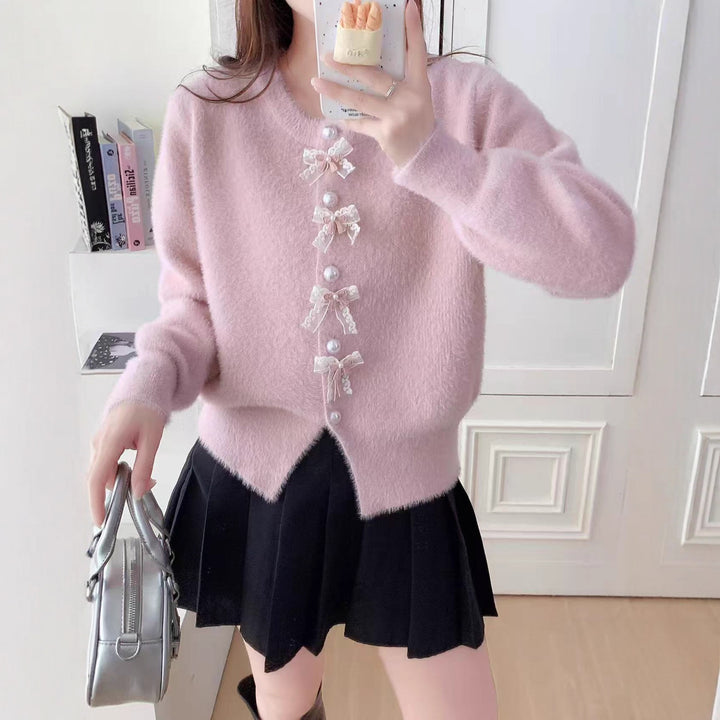 Damen Flauschige Strickjacke mit Perlen und Rüschendetails Drune