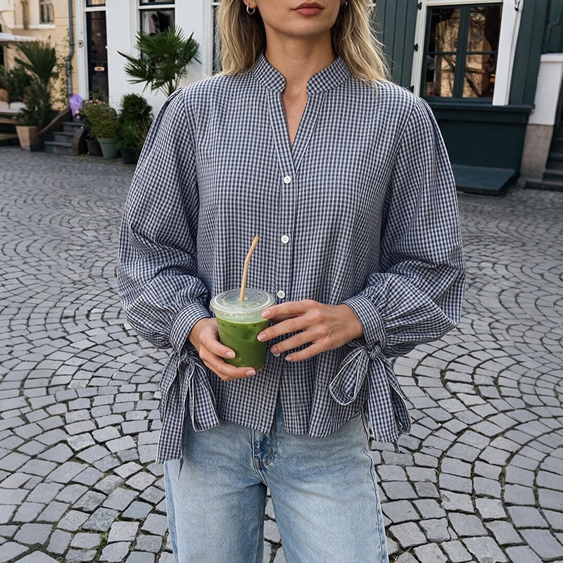 Damen Locker geschnittene Vichy-Karo-Bluse mit Stehkragen, Knopfleiste und Bindemanschetten Drune