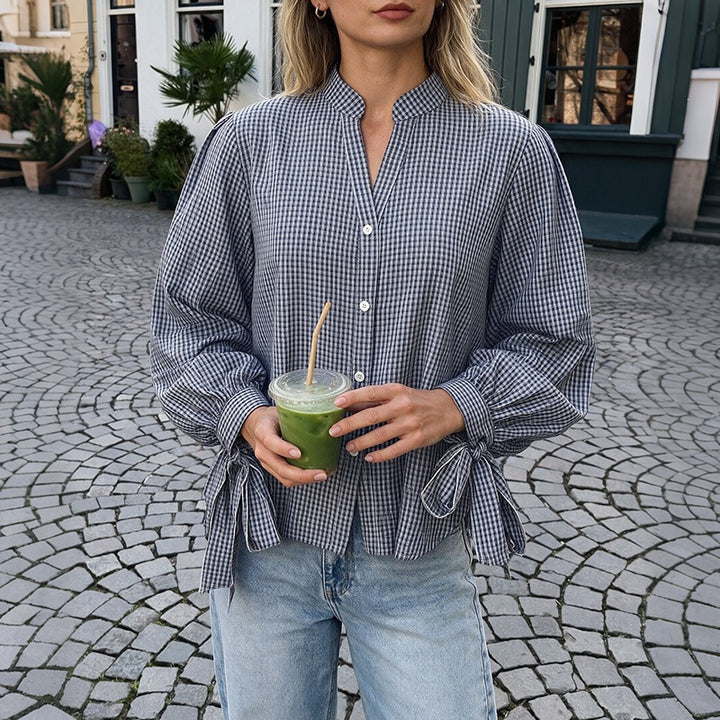 Damen Locker geschnittene Vichy-Karo-Bluse mit Stehkragen, Knopfleiste und Bindemanschetten Drune