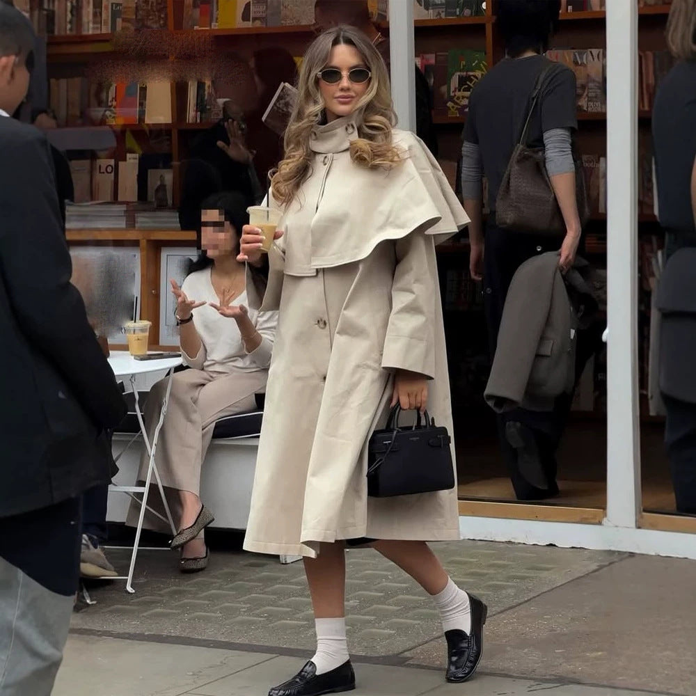 Damen Oversize-Trenchcoat mit Cape-Detail und hohem Stehkragen Drune