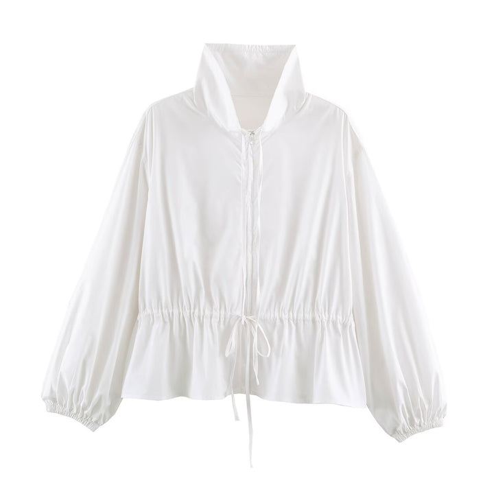 Damen Leichte Cropped Übergangsjacke mit hohem Funnelkragen und Tunnelzugtaillierung Drune