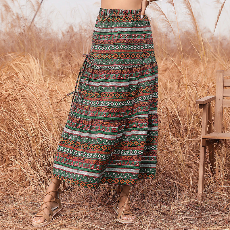 Damen Langer Boho-Maxirock mit Ethno-Print und seitlichen Bindebändern Drune