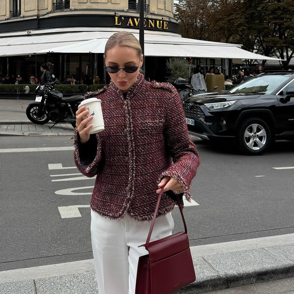 Damen Kurze Bouclé-Tweed-Jacke mit Fransenbesatz und Zierknöpfen Drune