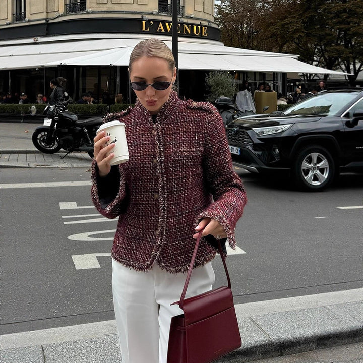 Damen Kurze Bouclé-Tweed-Jacke mit Fransenbesatz und Zierknöpfen Drune