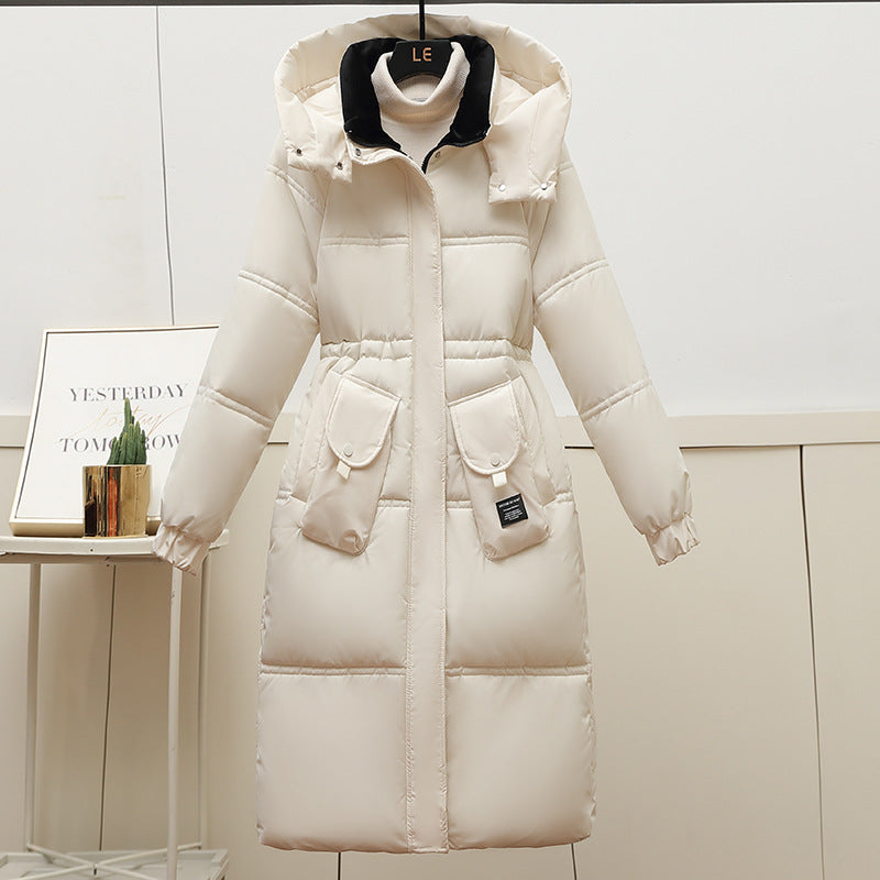 Damen Lange Pufferjacke mit abnehmbarer Kapuze und großen Taschen Drune