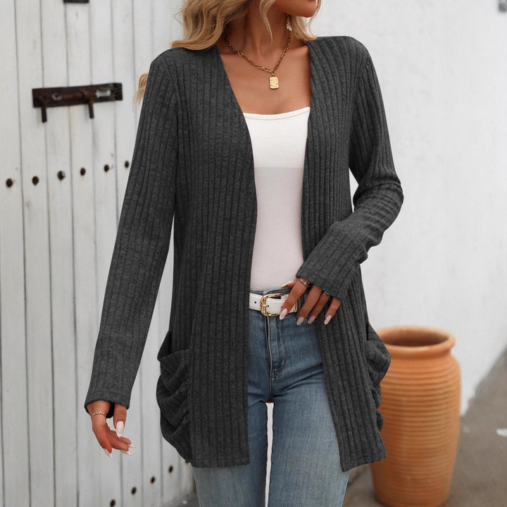 Damen Gerippter Longcardigan mit offenen Kanten, Eingrifftaschen und lockerer Passform Drune