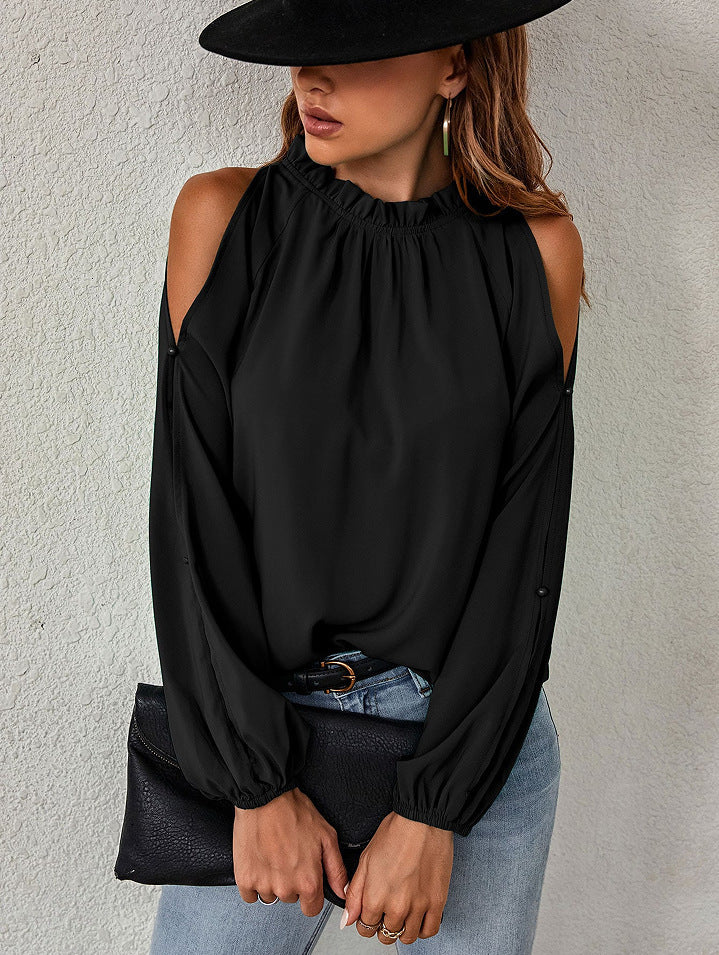 Damen trendige Bluse mit schulterfreier Gestaltung und Puffärmeln Drune