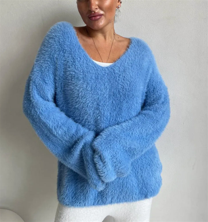 Damen Oversize-Flauschpullover mit V-Ausschnitt und Teddy-Optik Drune