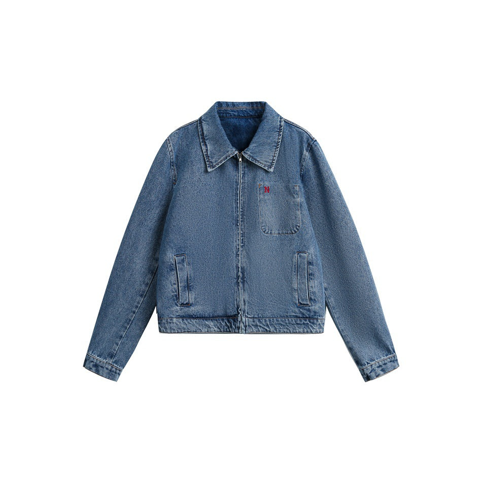Damen Kurze Oversize-Denimjacke mit durchgehendem Reißverschluss und Brusttasche Drune