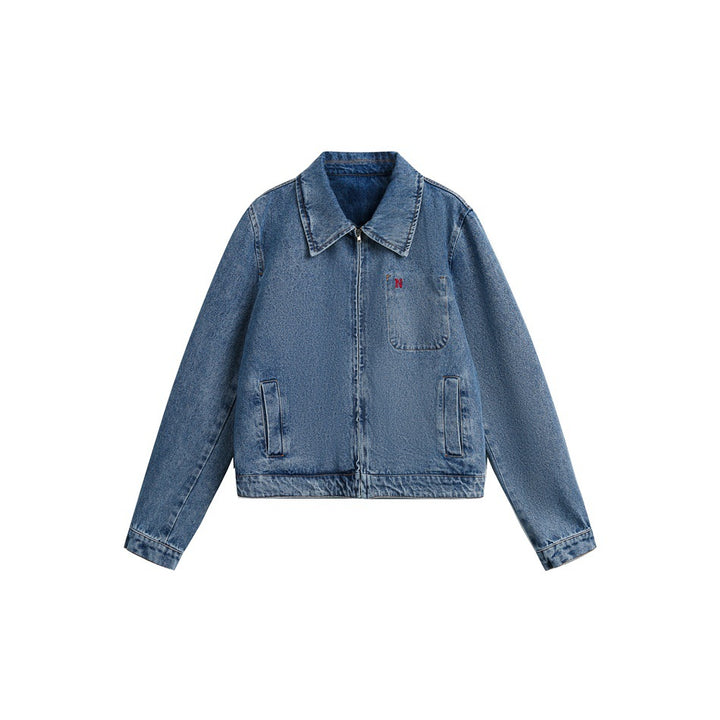 Damen Kurze Oversize-Denimjacke mit durchgehendem Reißverschluss und Brusttasche Drune