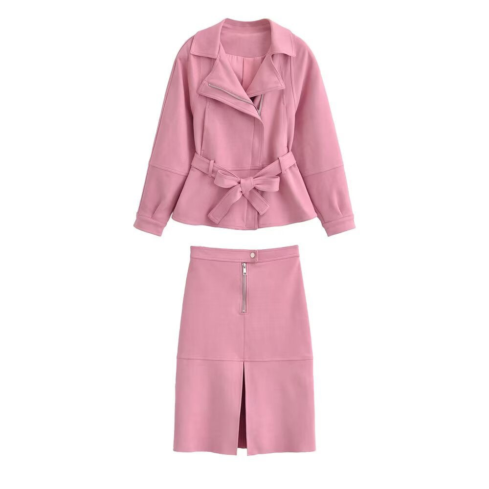 Damen Zweiteiliges Kunstleder-Set mit taillierter Bikerjacke, Bindegürtel und Midirock Drune