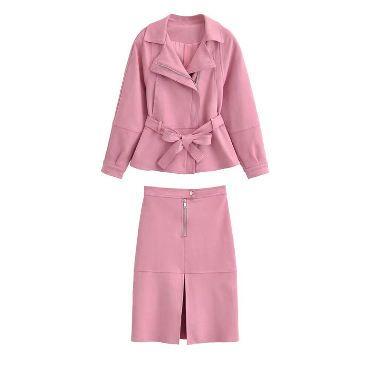 Damen Zweiteiliges Kunstleder-Set mit taillierter Bikerjacke, Bindegürtel und Midirock Drune