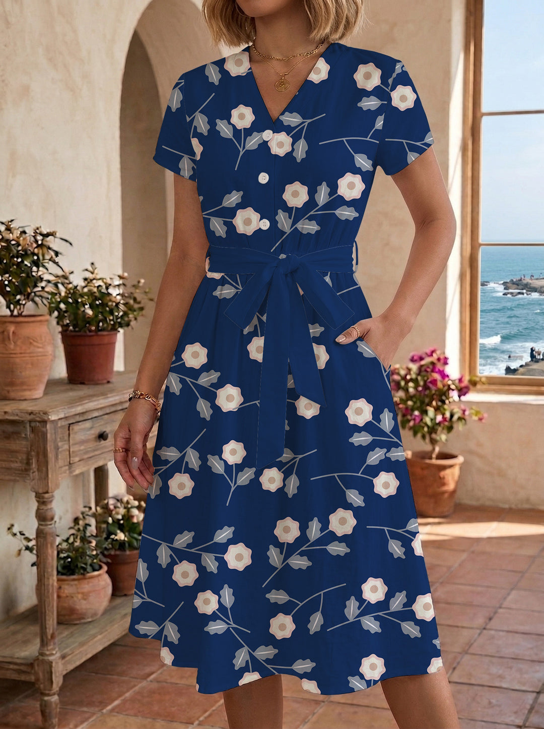 Damen Midikleid mit floralem Muster und Taillengürtel Drune