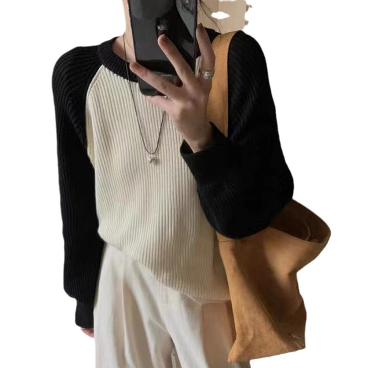 Damen lässiger Strickpullover mit modernem Rippenmuster und Raglanärmeln Drune