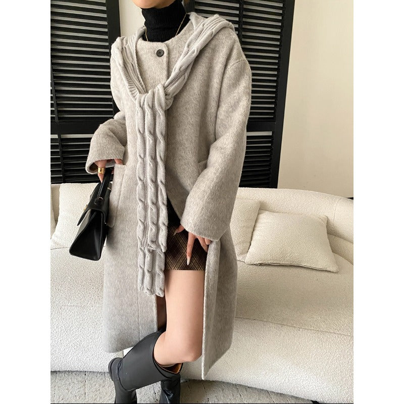 Damen eleganter Wollmantel mit asymmetrischem Kragen und praktischen Taschen Drune