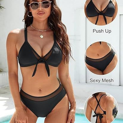 Damen Push-Up-Bikini-Top mit sexy Mesh und Rückenkreuz-Träger Drune